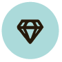 a blue green circle with a black outline of a diamond gem in the center